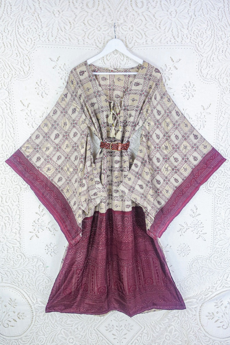 Cassandra Maxi Kaftan - Macramé Beige & Mulberry Ornate Tile - Vintage Sari - Size M/L