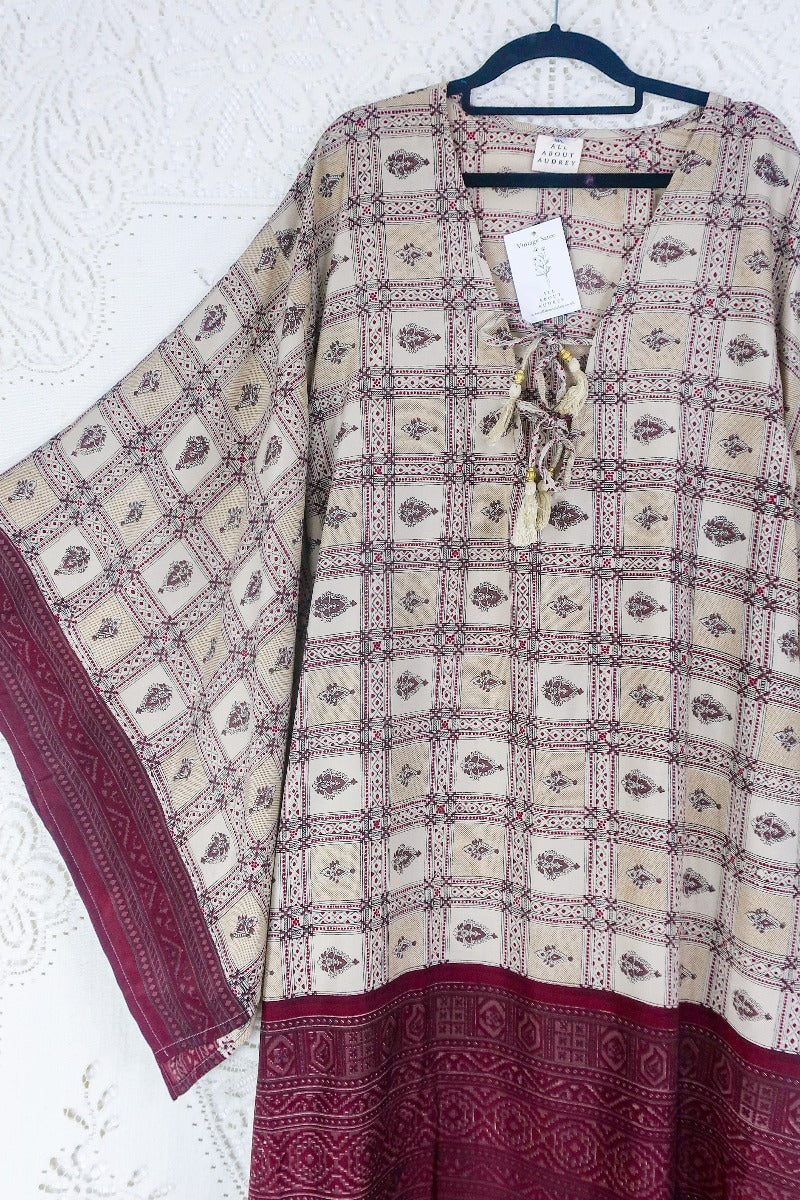 Cassandra Maxi Kaftan - Macramé Beige & Mulberry Ornate Tile - Vintage Sari - Size M/L - Image 2