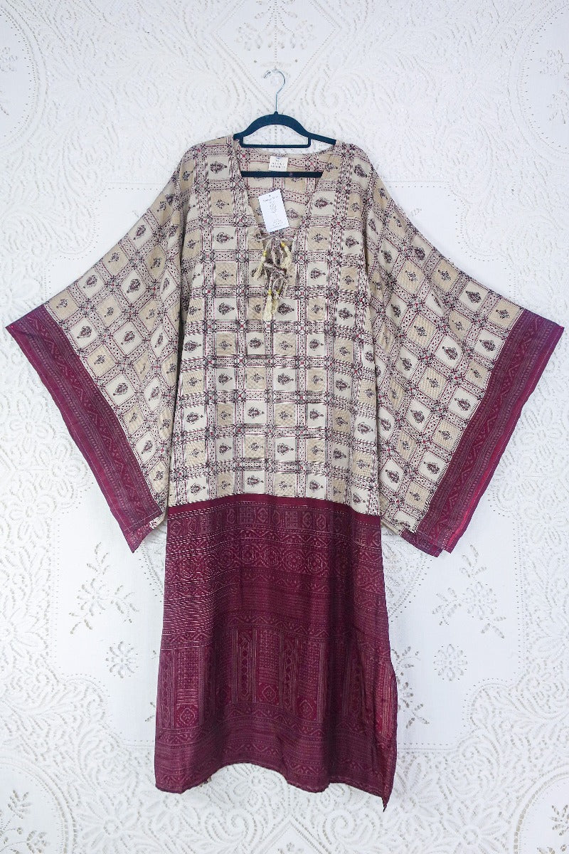 Cassandra Maxi Kaftan - Macramé Beige & Mulberry Ornate Tile - Vintage Sari - Size M/L - Image 3