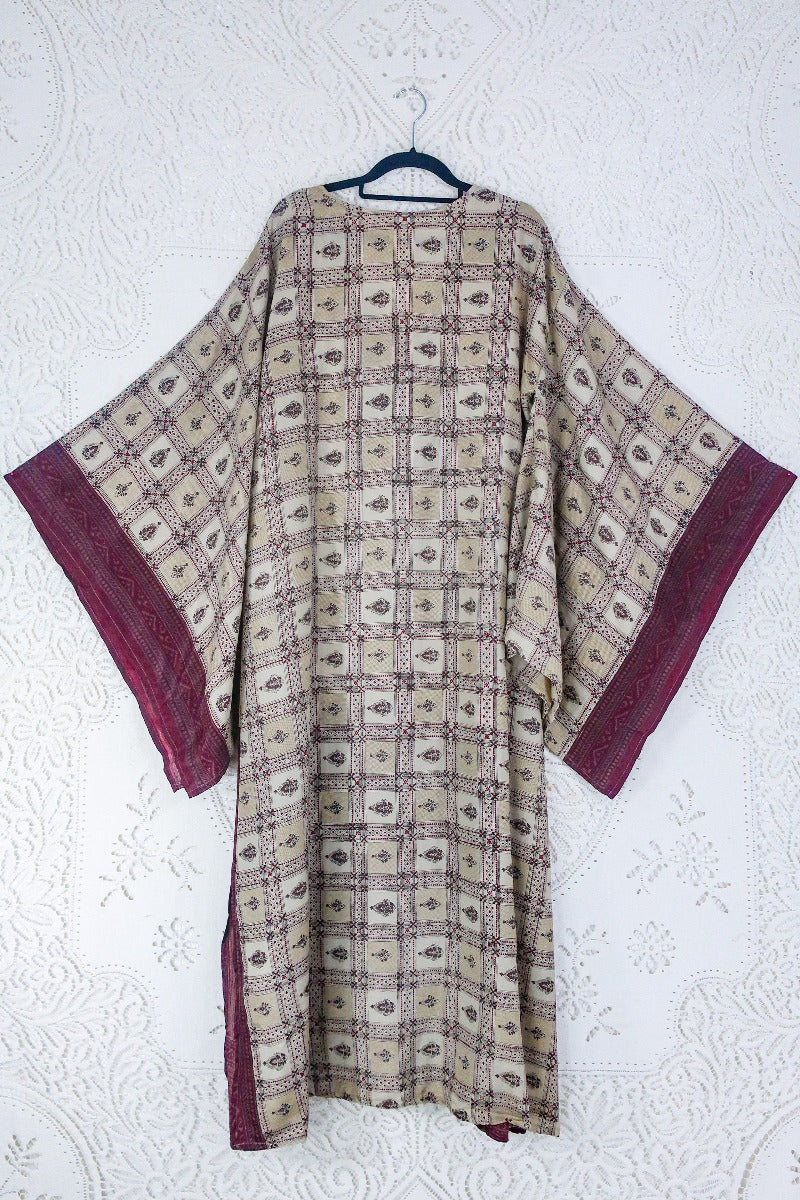 Cassandra Maxi Kaftan - Macramé Beige & Mulberry Ornate Tile - Vintage Sari - Size M/L - Image 4