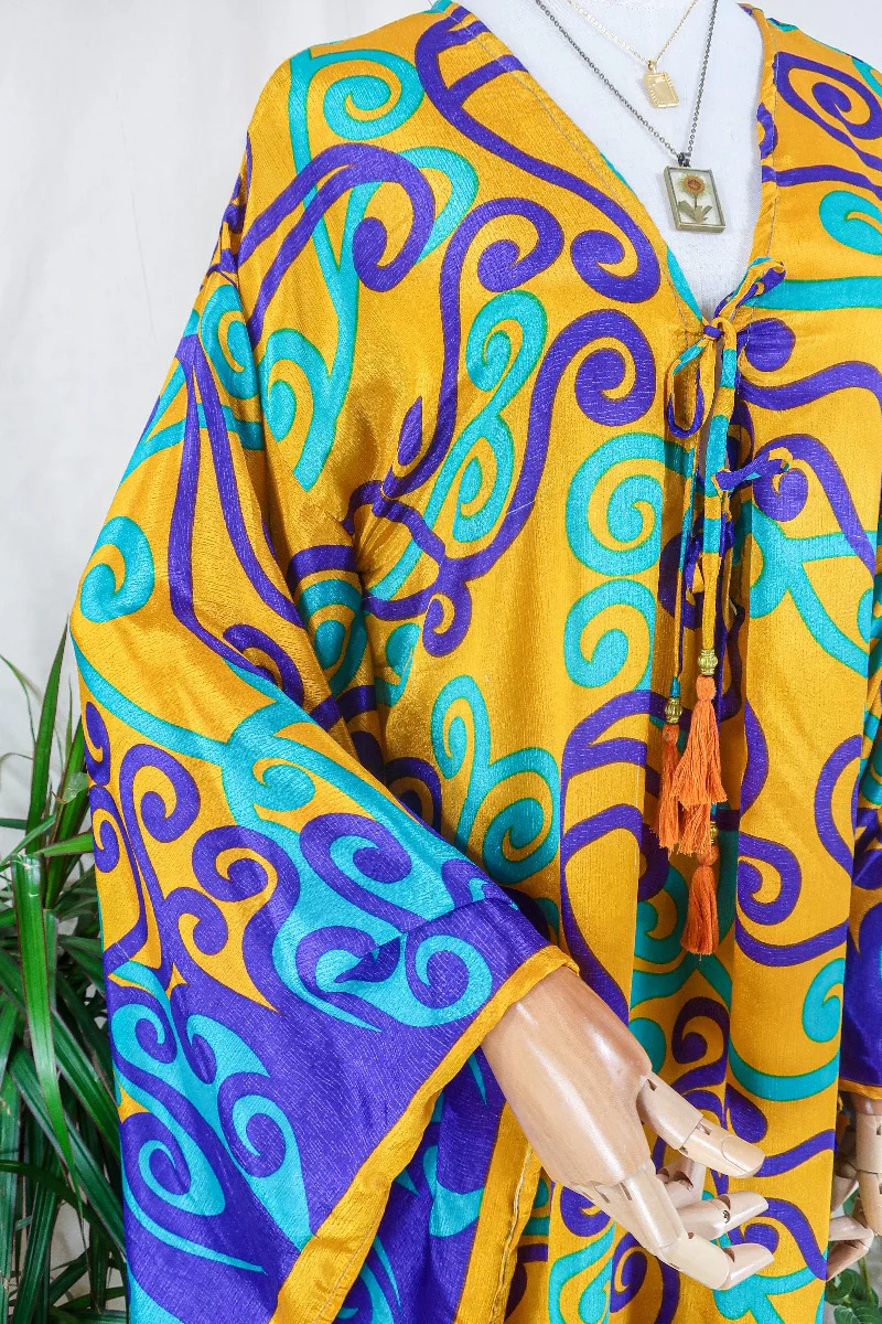 Cassandra Maxi Kaftan - Golden Yellow, Purple & Mint Green Swirls - Vintage Sari - Size M/L - Image 3