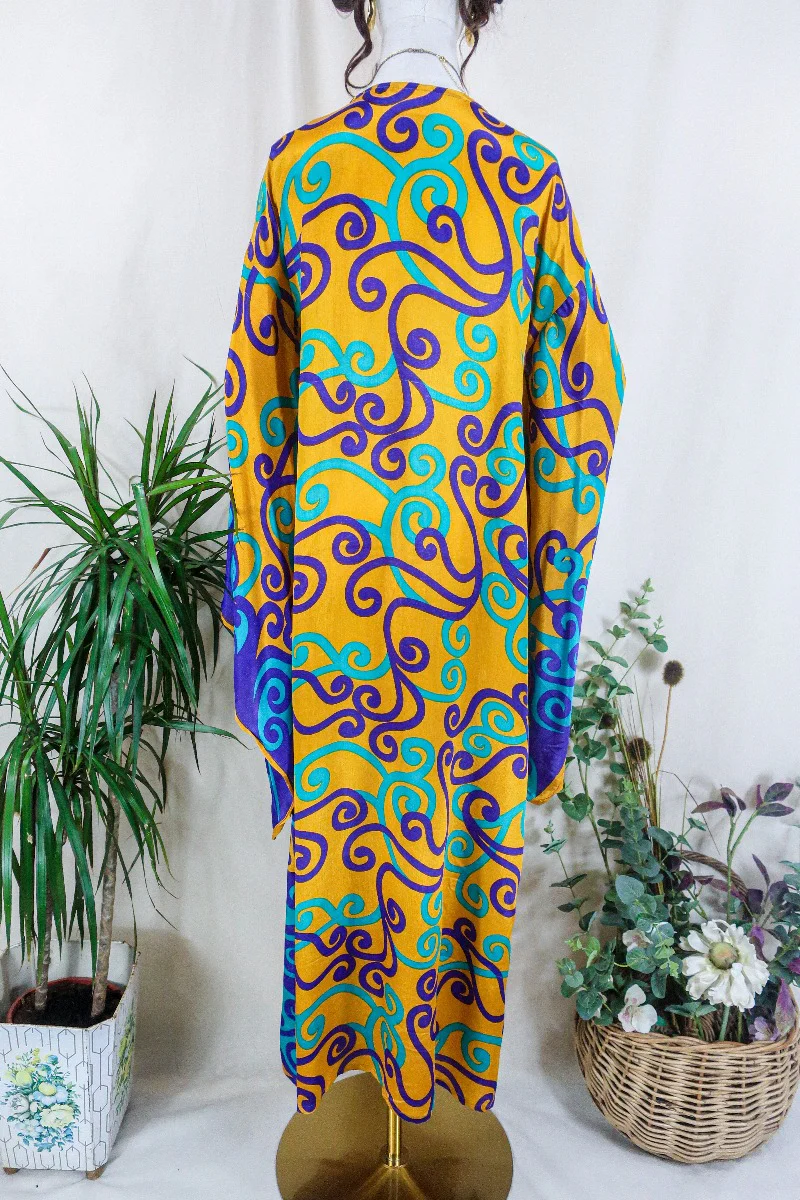 Cassandra Maxi Kaftan - Golden Yellow, Purple & Mint Green Swirls - Vintage Sari - Size M/L - Image 4