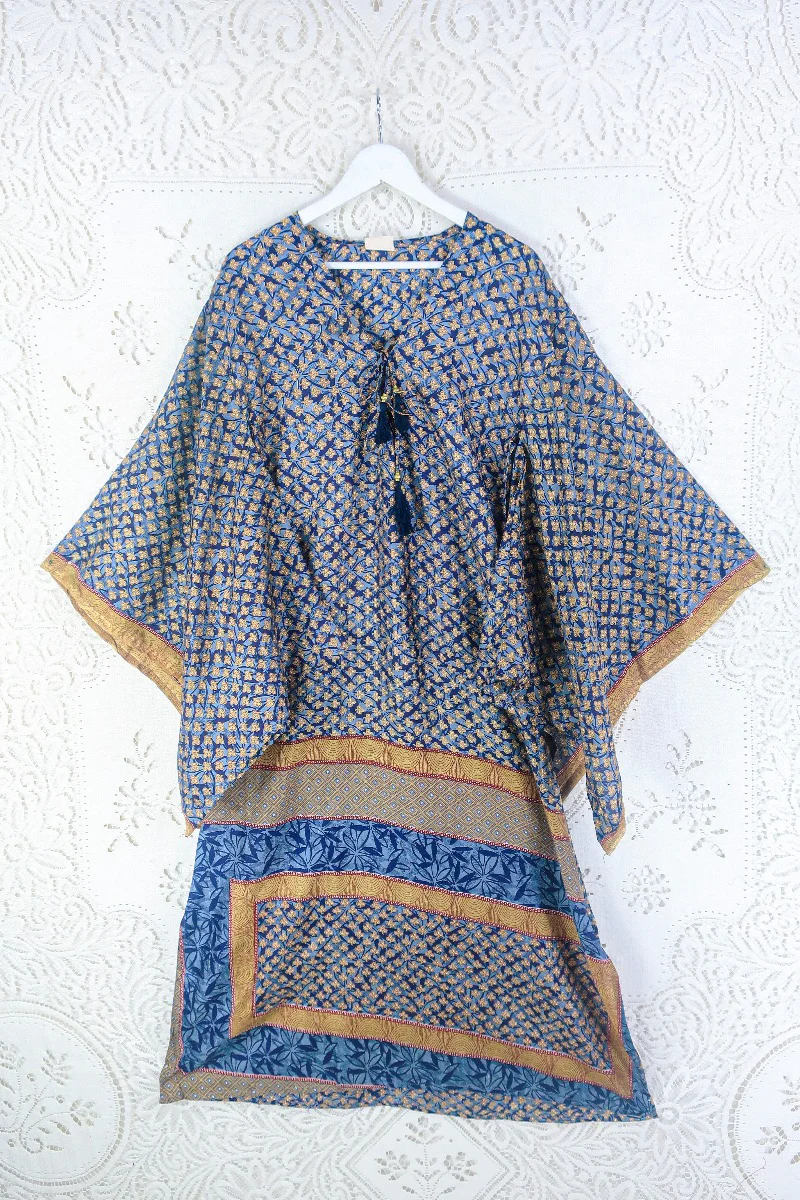 Cassandra Maxi Kaftan - Indigo Blue & Gold Mosaic - Vintage Sari - Size S - Image 3