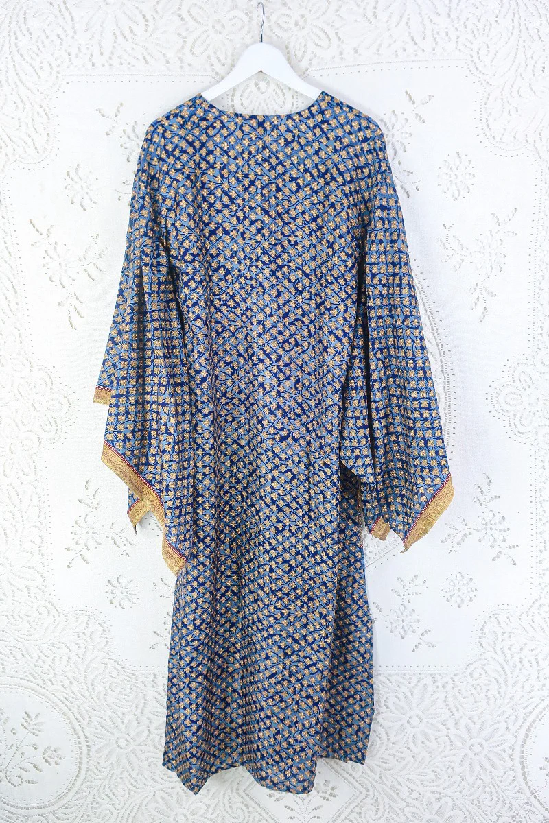 Cassandra Maxi Kaftan - Indigo Blue & Gold Mosaic - Vintage Sari - Size S - Image 4
