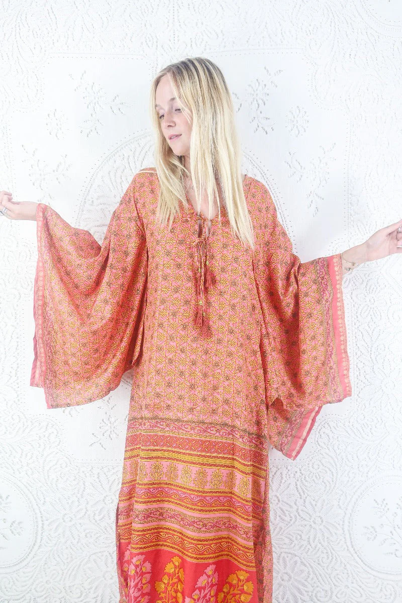 Cassandra Maxi Kaftan - Indigo Blue & Gold Mosaic - Vintage Sari - Size S - Image 5