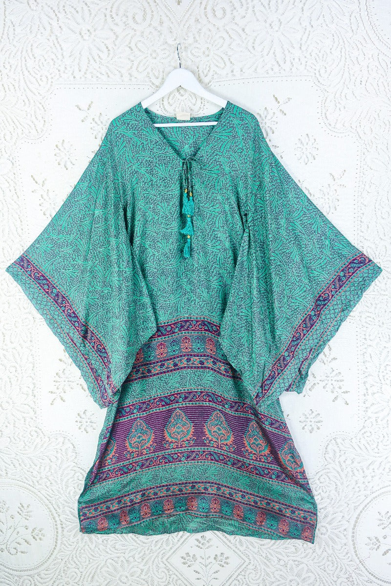 Cassandra Maxi Kaftan - Jade, Coral & Mauve Tile Print - Vintage Sari - Size S/M - Image 3