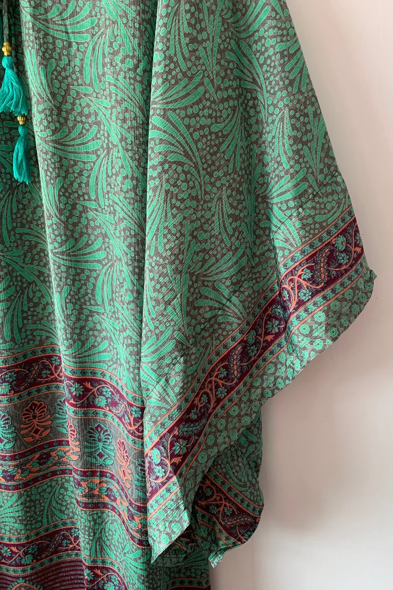 Cassandra Maxi Kaftan - Jade, Coral & Mauve Tile Print - Vintage Sari - Size S/M - Image 5