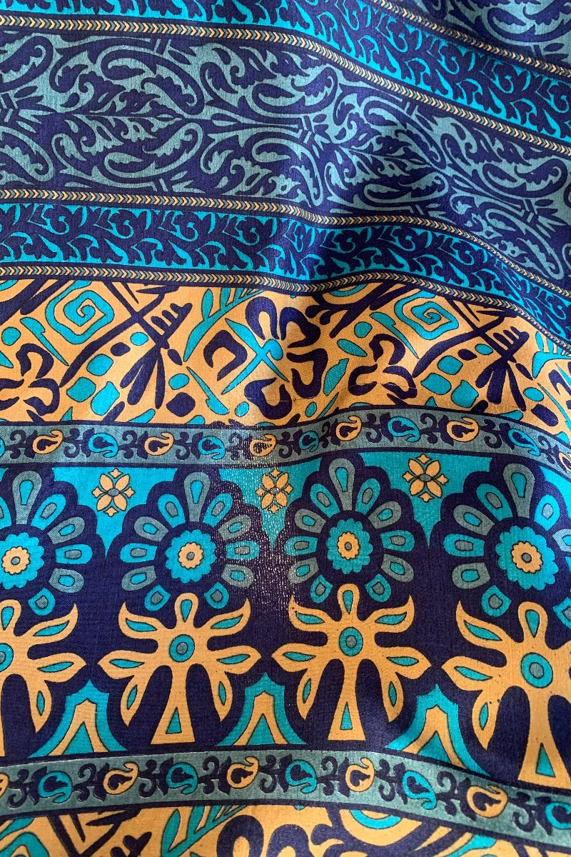 Cassandra Maxi Kaftan - Mystic Blue Nouveau - Vintage Sari - Size S/M - Image 5