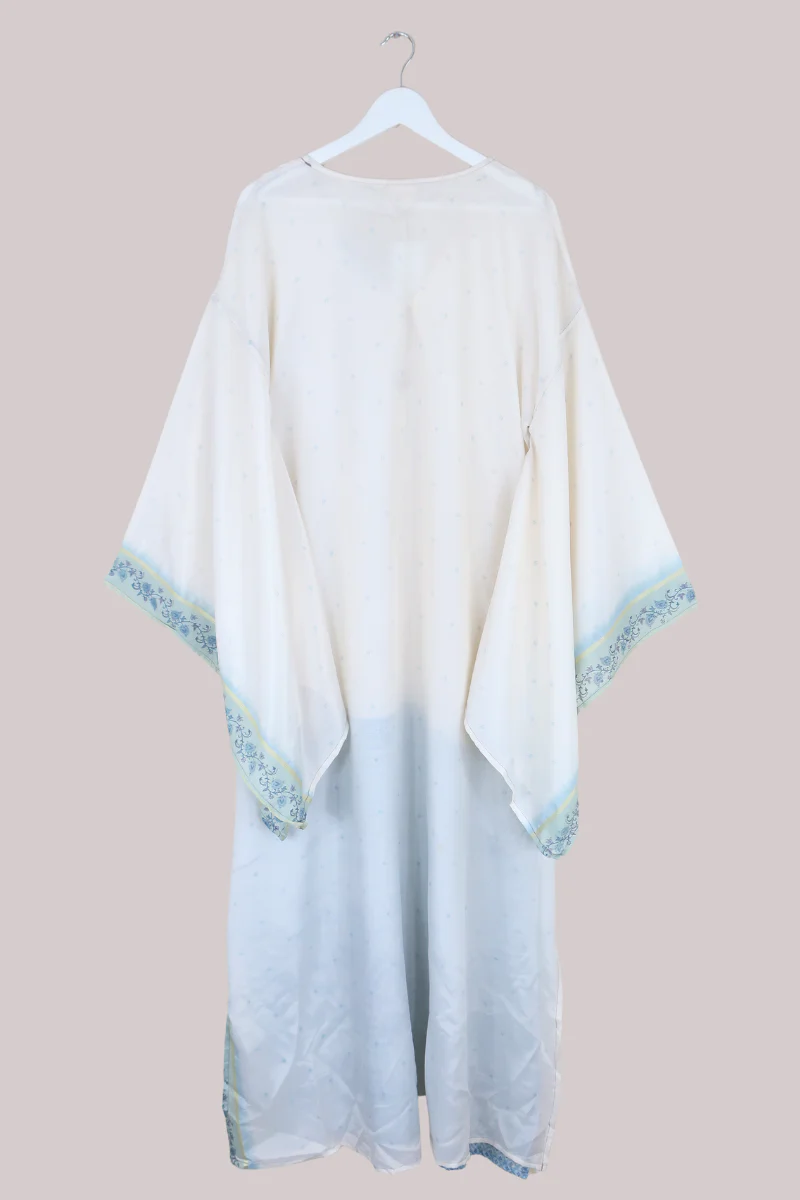 Cassandra Maxi Kaftan -Snowflake Angel in Powder Blue and Crème  - Vintage Sari - Size L/XL - Image 3