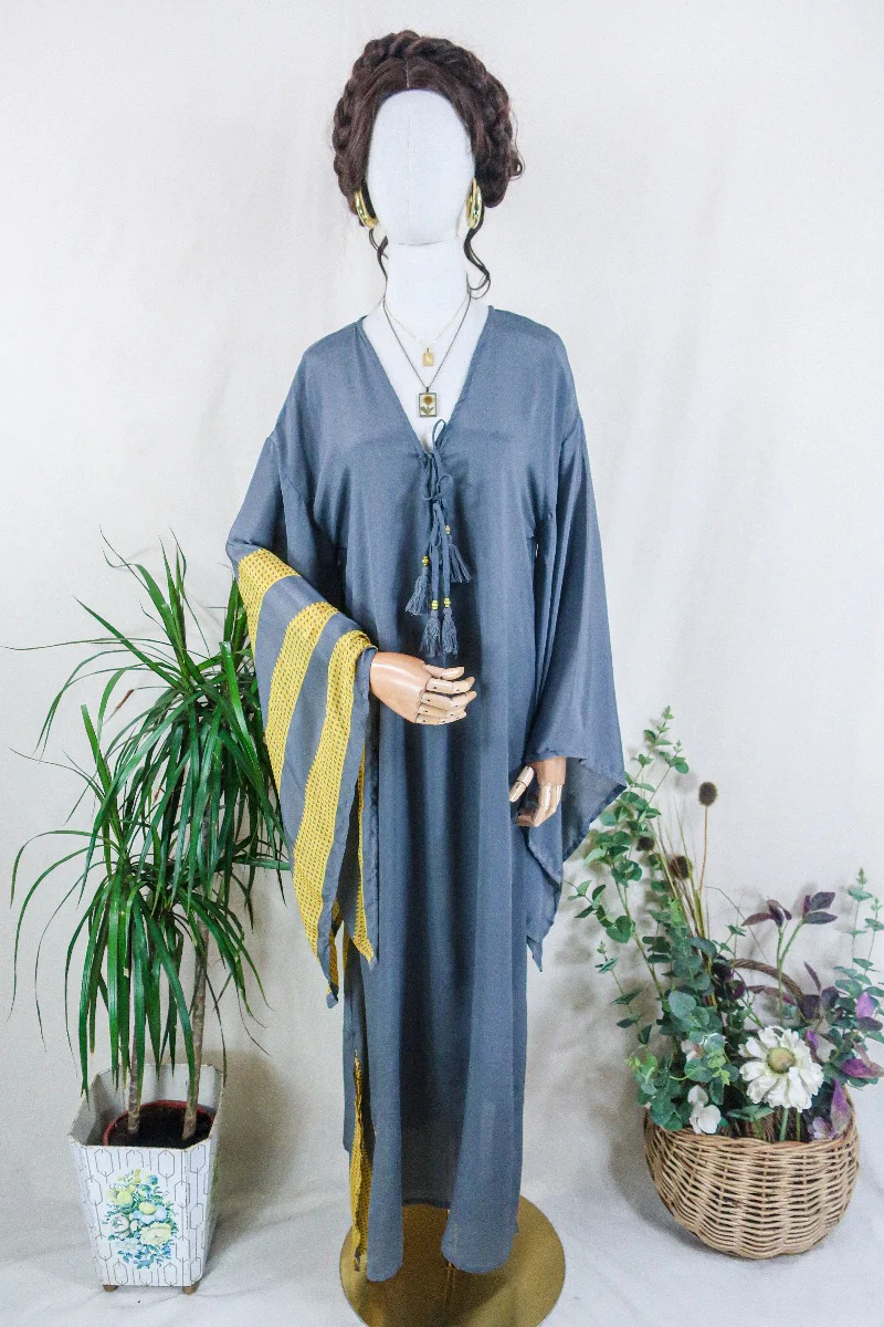 Cassandra Maxi Kaftan - Charcoal and Sunshine Block Colour - Vintage Sari - Size M/L - Image 2