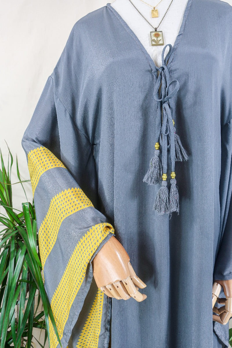 Cassandra Maxi Kaftan - Charcoal and Sunshine Block Colour - Vintage Sari - Size M/L - Image 3