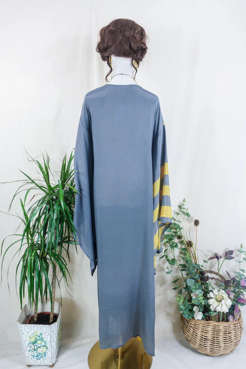 Cassandra Maxi Kaftan - Charcoal and Sunshine Block Colour - Vintage Sari - Size M/L - Image 4