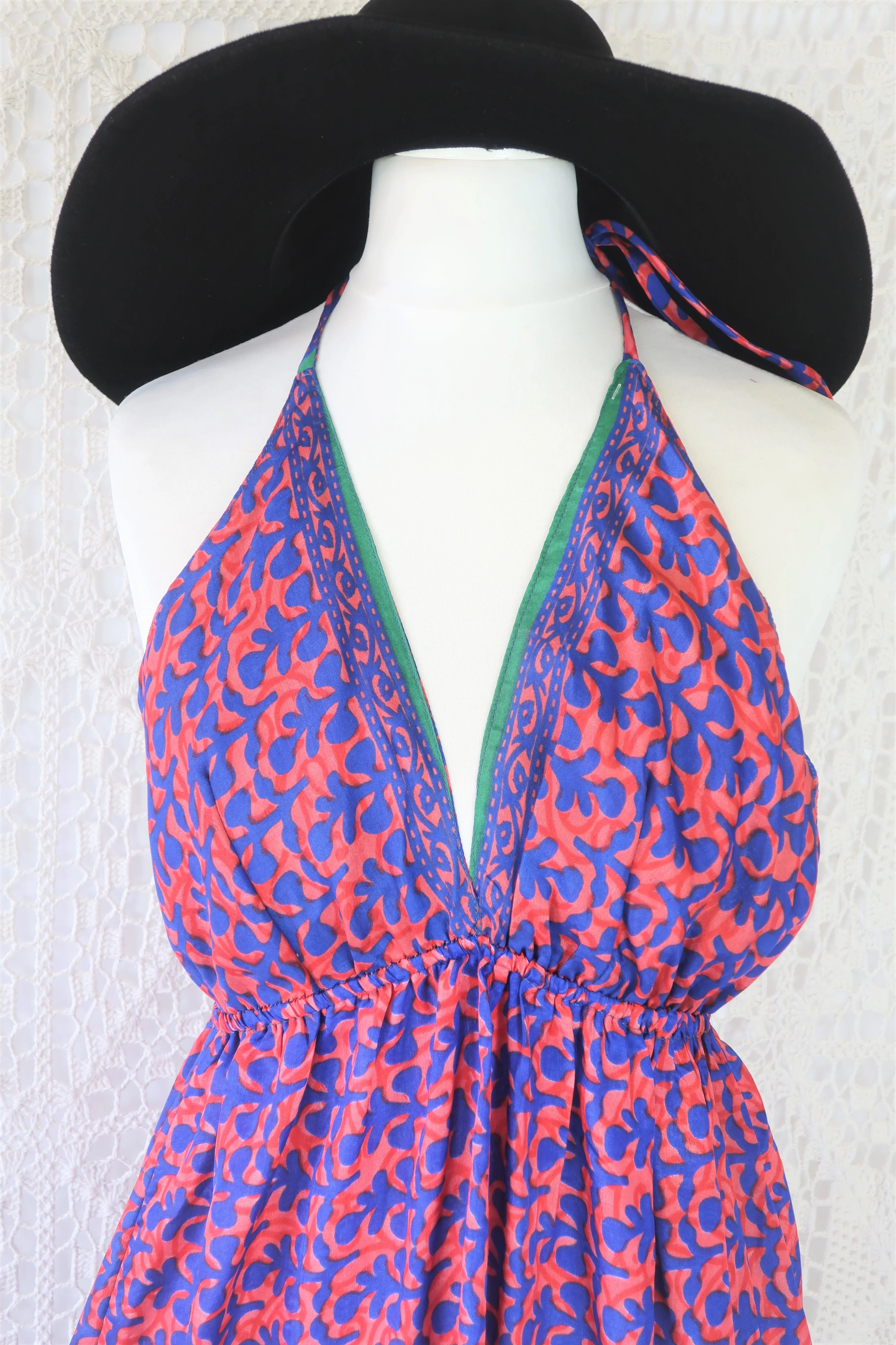 Cherry Midi Dress - Vintage Indian Sari - Deep Coral & Indigo Motif - Free Size - Image 2