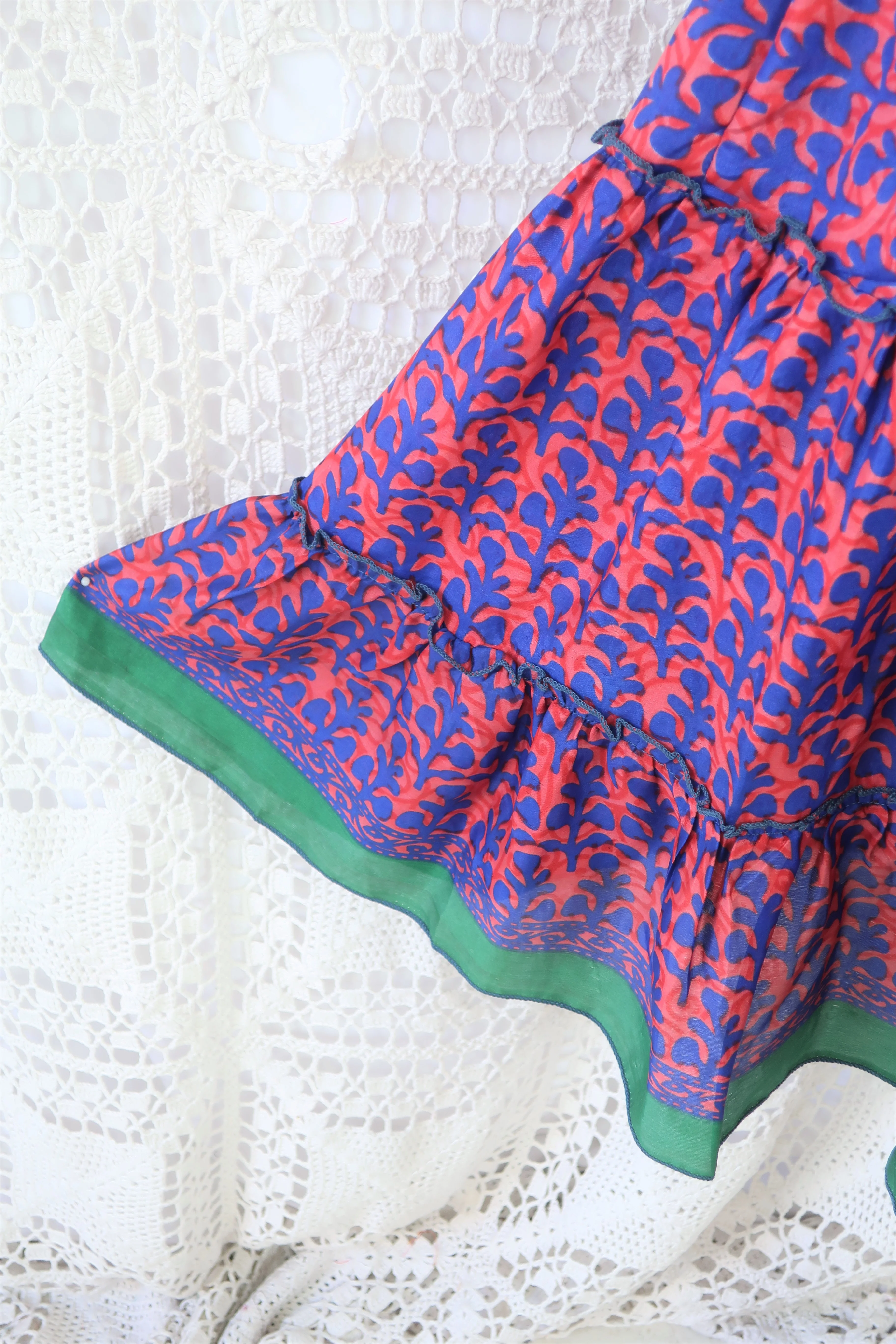 Cherry Midi Dress - Vintage Indian Sari - Deep Coral & Indigo Motif - Free Size - Image 4