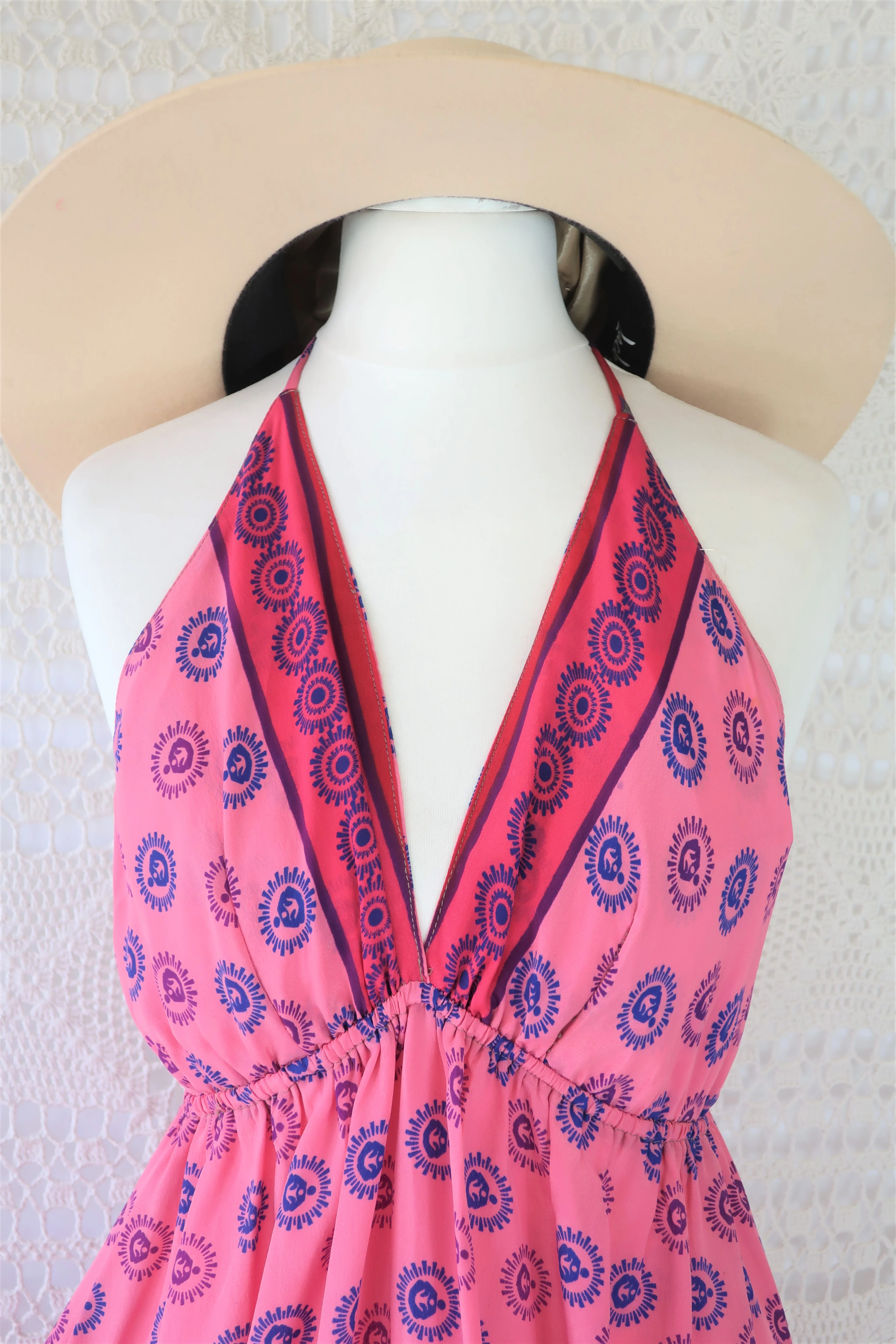 Cherry Midi Dress - Vintage Indian Sari - Bubblegum & Indigo Polka Dot - Free Size - Image 2