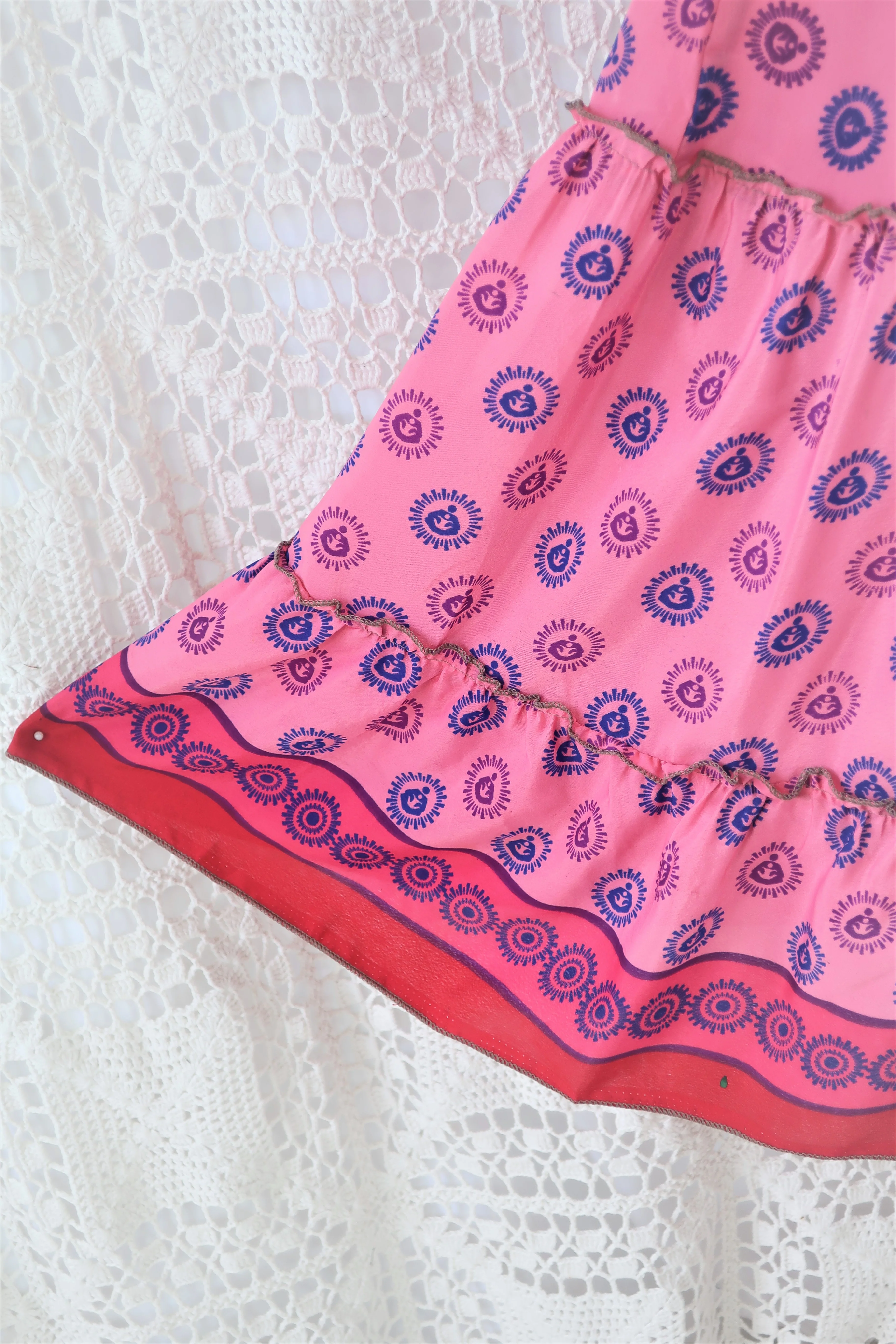 Cherry Midi Dress - Vintage Indian Sari - Bubblegum & Indigo Polka Dot - Free Size - Image 4