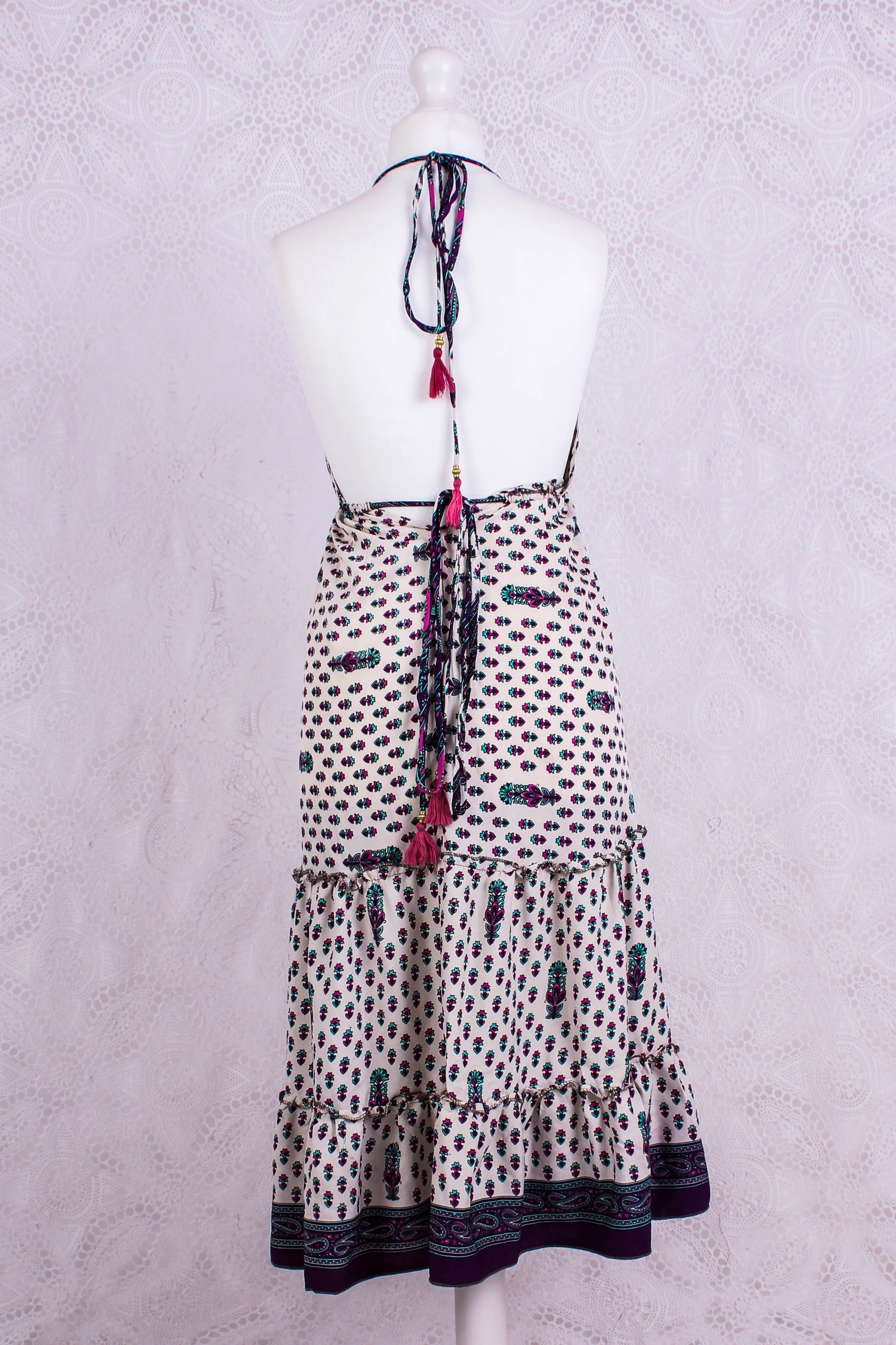 Cherry Mini Halter Dress - Cream Purple & Pink Vintage Sari (Free Size) - Image 3
