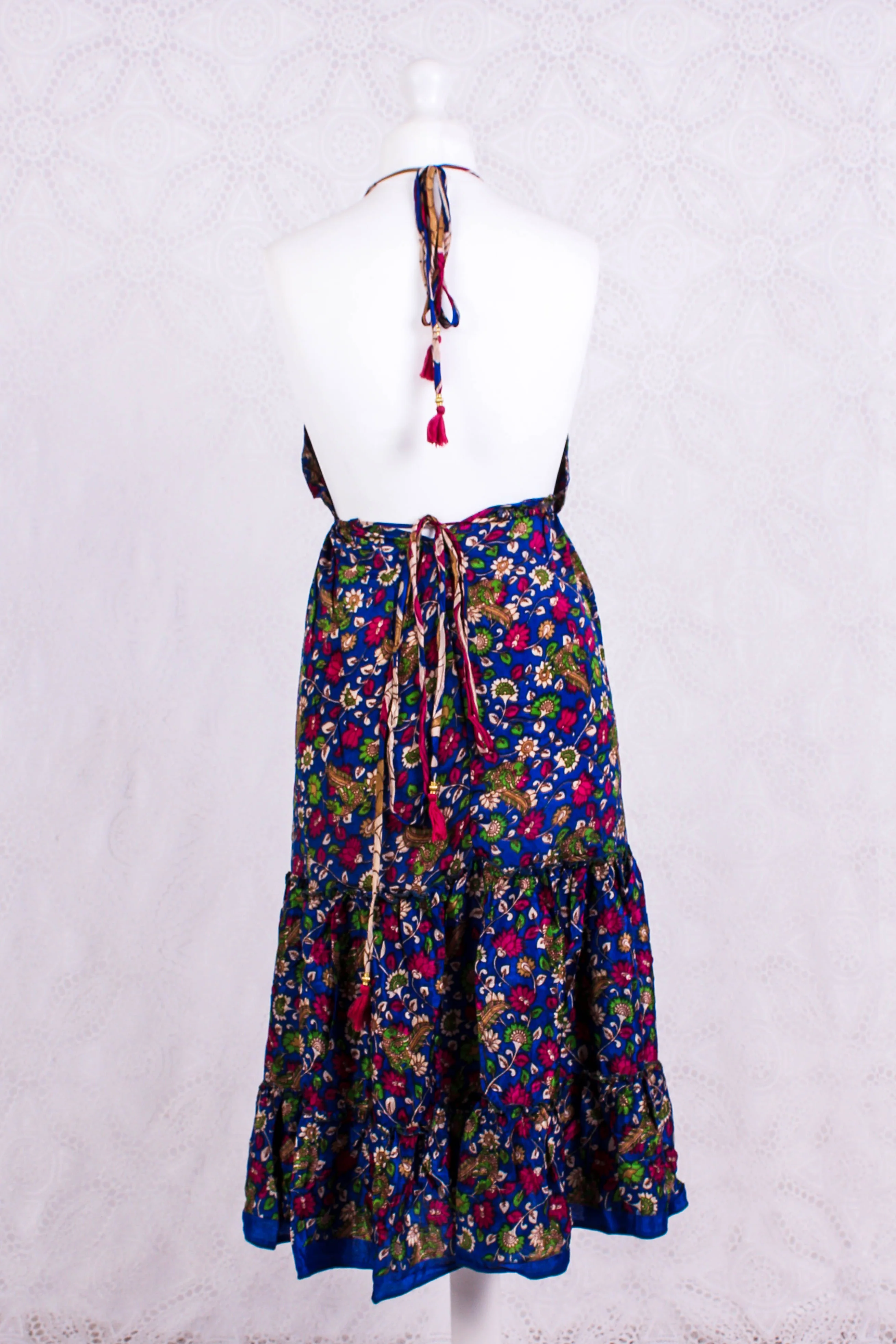 Cherry Mini Halter Dress - Royal Blue Floral Vintage Sari (Free Size) - Image 3