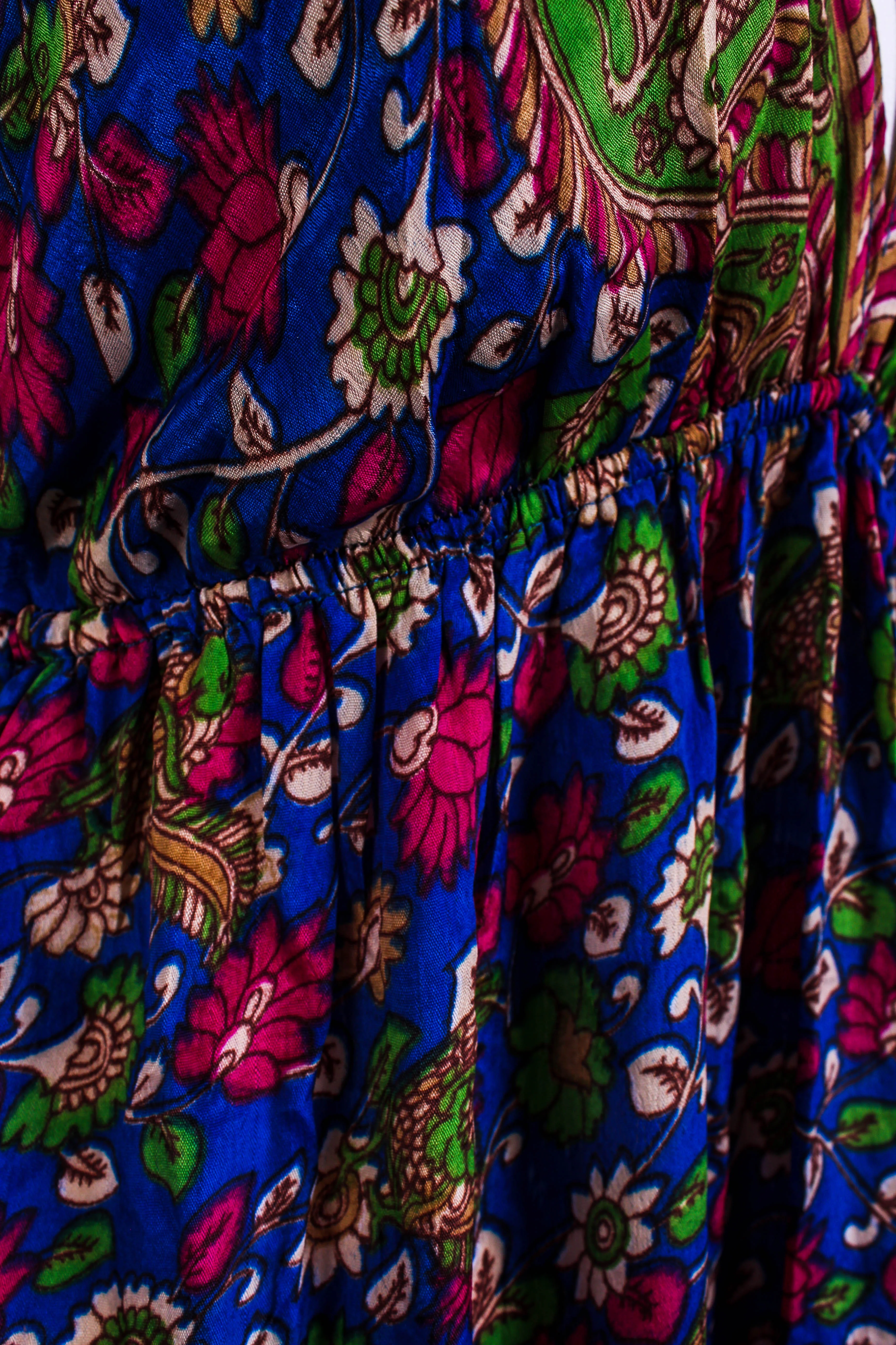 Cherry Mini Halter Dress - Royal Blue Floral Vintage Sari (Free Size) - Image 4