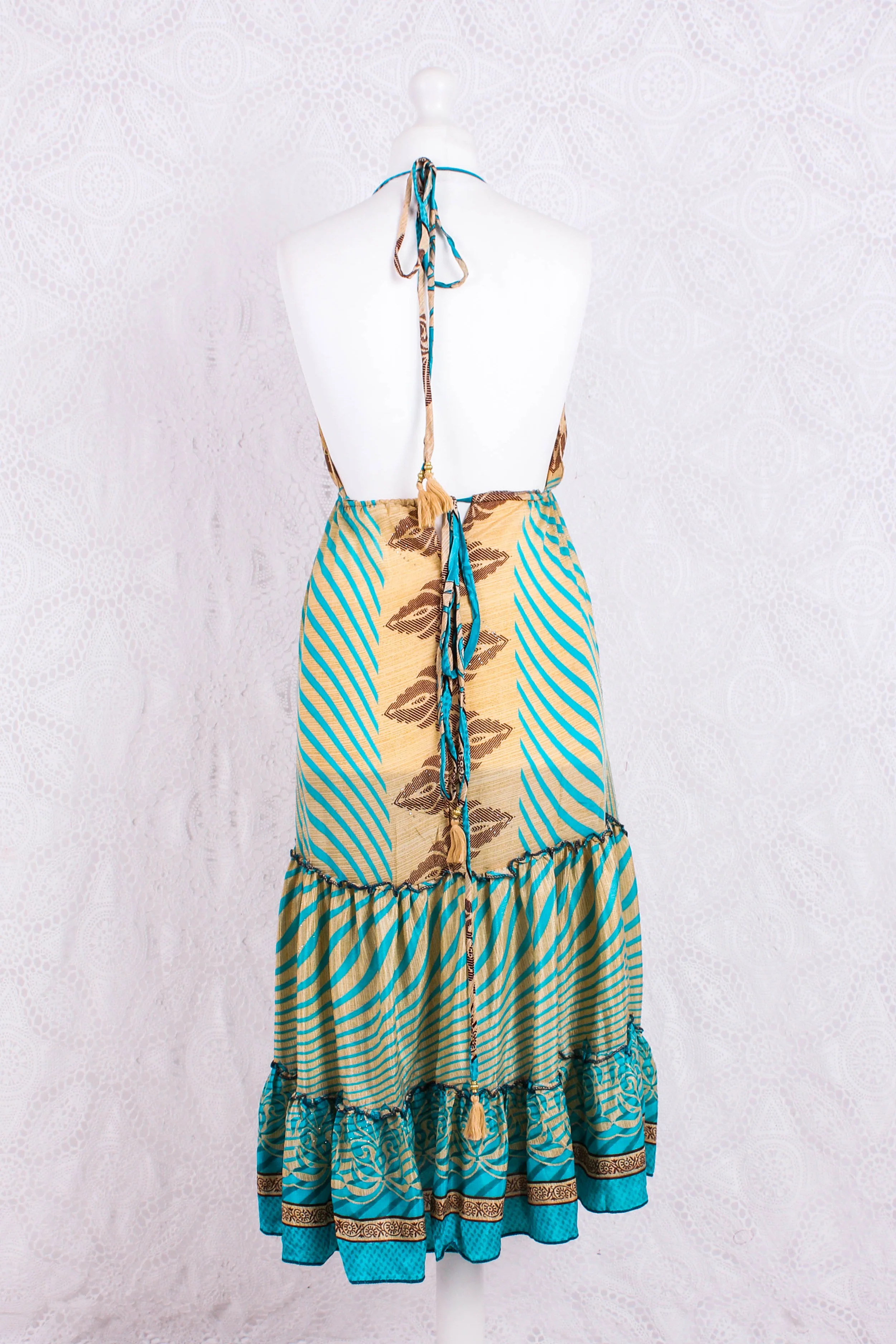 Cherry Mini Halter Dress - Sheer Turquoise & Gold Vintage Sari (Free Size) - Image 3