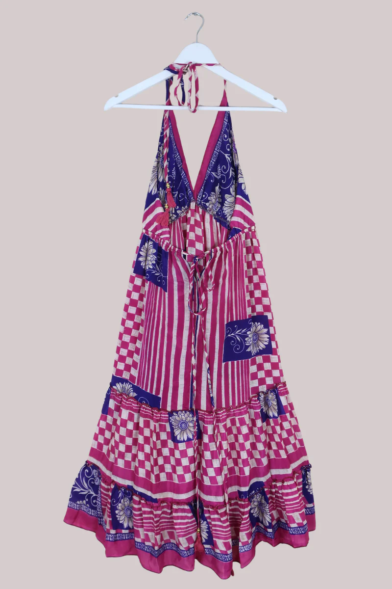 Cherry Mini Halter Dress - Hot Pink & Purple Graphic Vintage Sari (Free Size) - Image 3