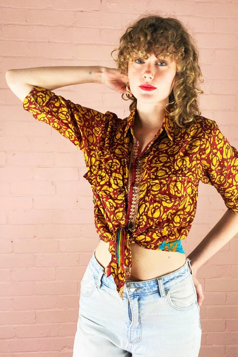 Clyde Shirt - Burnt Red & Topaz Floral - Vintage Indian Sari - XS - Image 3