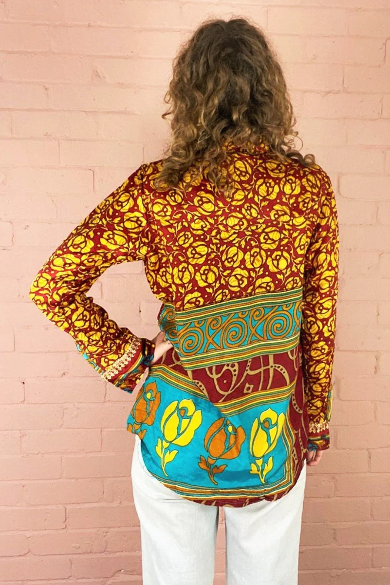 Clyde Shirt - Burnt Red & Topaz Floral - Vintage Indian Sari - XS - Image 4