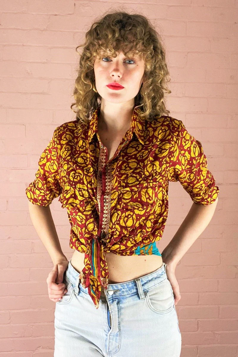 Clyde Shirt - Burnt Red & Topaz Floral - Vintage Indian Sari - XS - Image 5