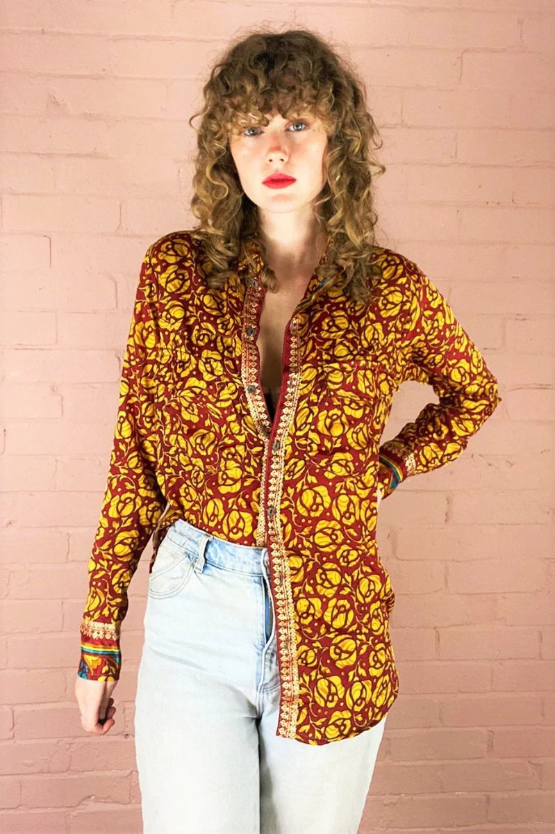 Clyde Shirt - Burnt Red & Topaz Floral - Vintage Indian Sari - XS - Image 6