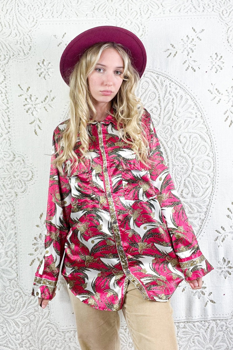Clyde Shirt - Glam Rock Pink & Jet Paisley - Vintage Indian Sari - M/L - Image 3