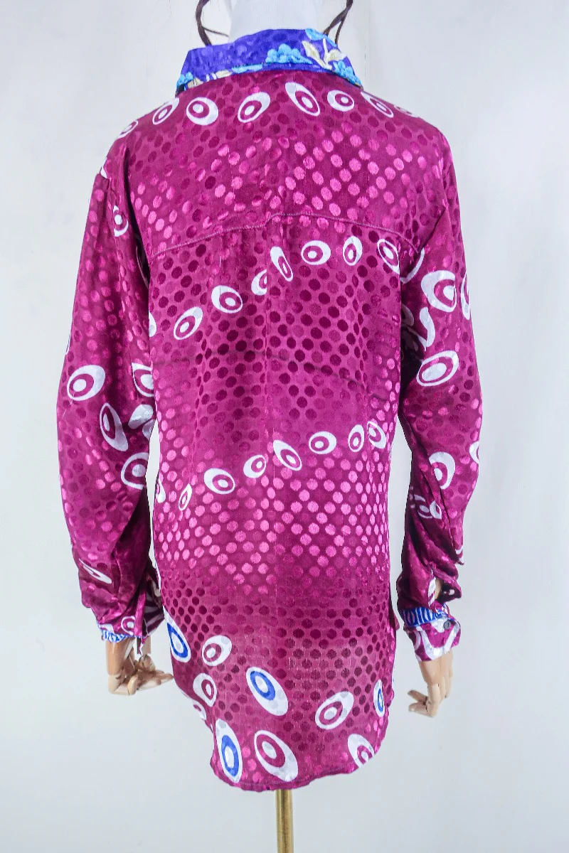Clyde Shirt - Dark Magenta Polka Dot Shimmer - Vintage Indian Sari - Free Size M/L - Image 3