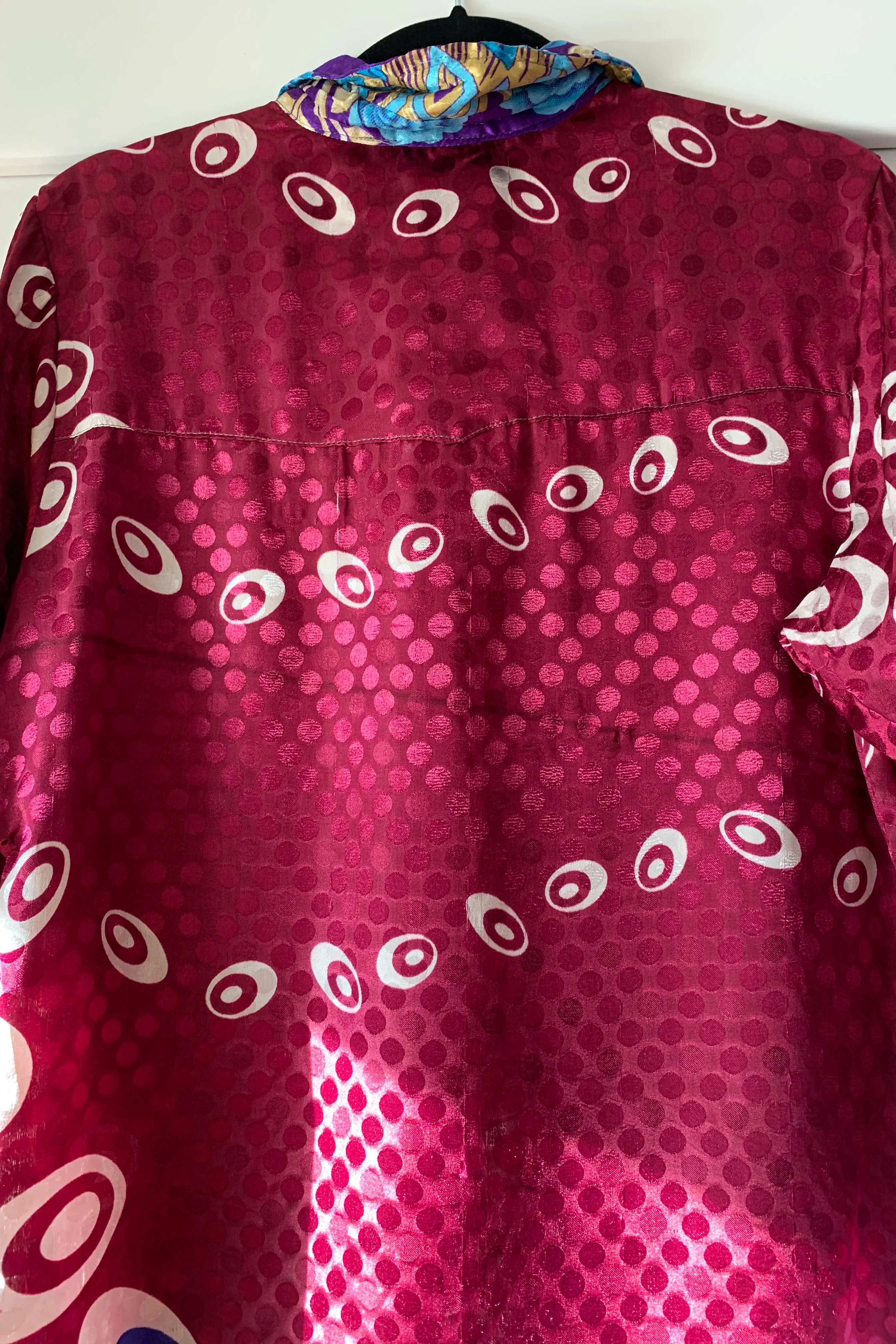 Clyde Shirt - Dark Magenta Polka Dot Shimmer - Vintage Indian Sari - Free Size M/L - Image 4