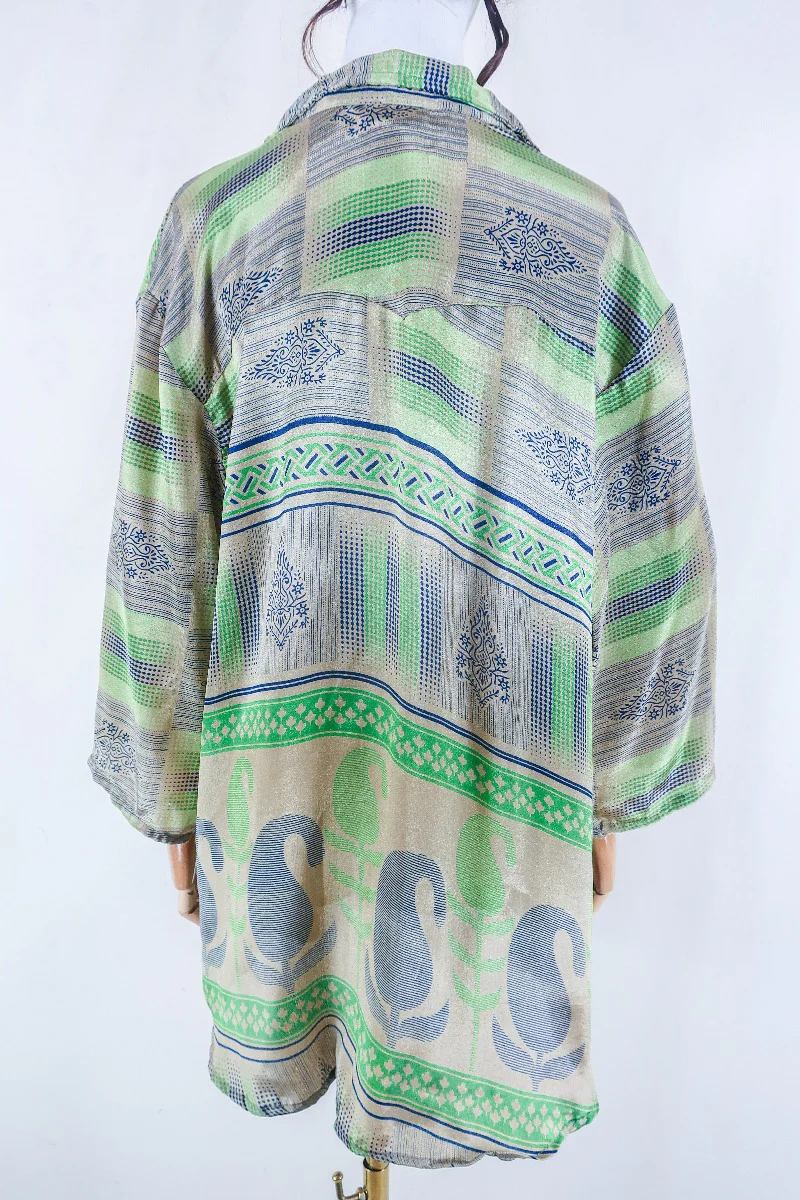 Clyde Shirt - Champagne & Lime Motif - Vintage Indian Sari - Free Size XXL - Image 3