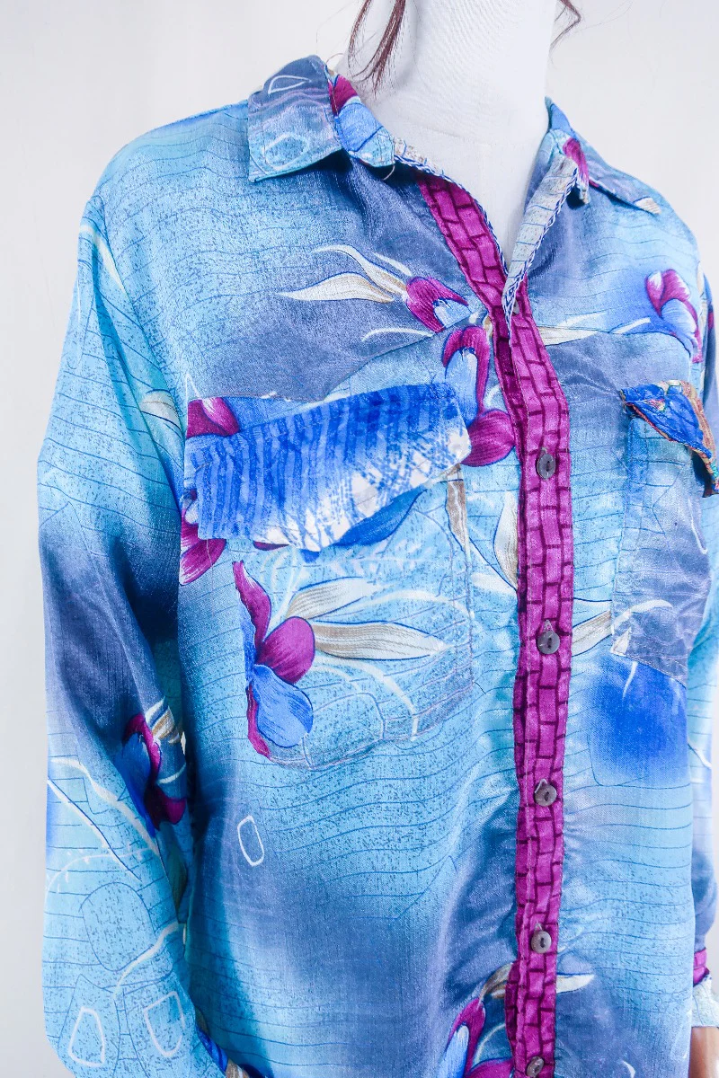 Clyde Shirt - Ocean Blue Swirls - Vintage Indian Sari - Free Size M/L - Image 3