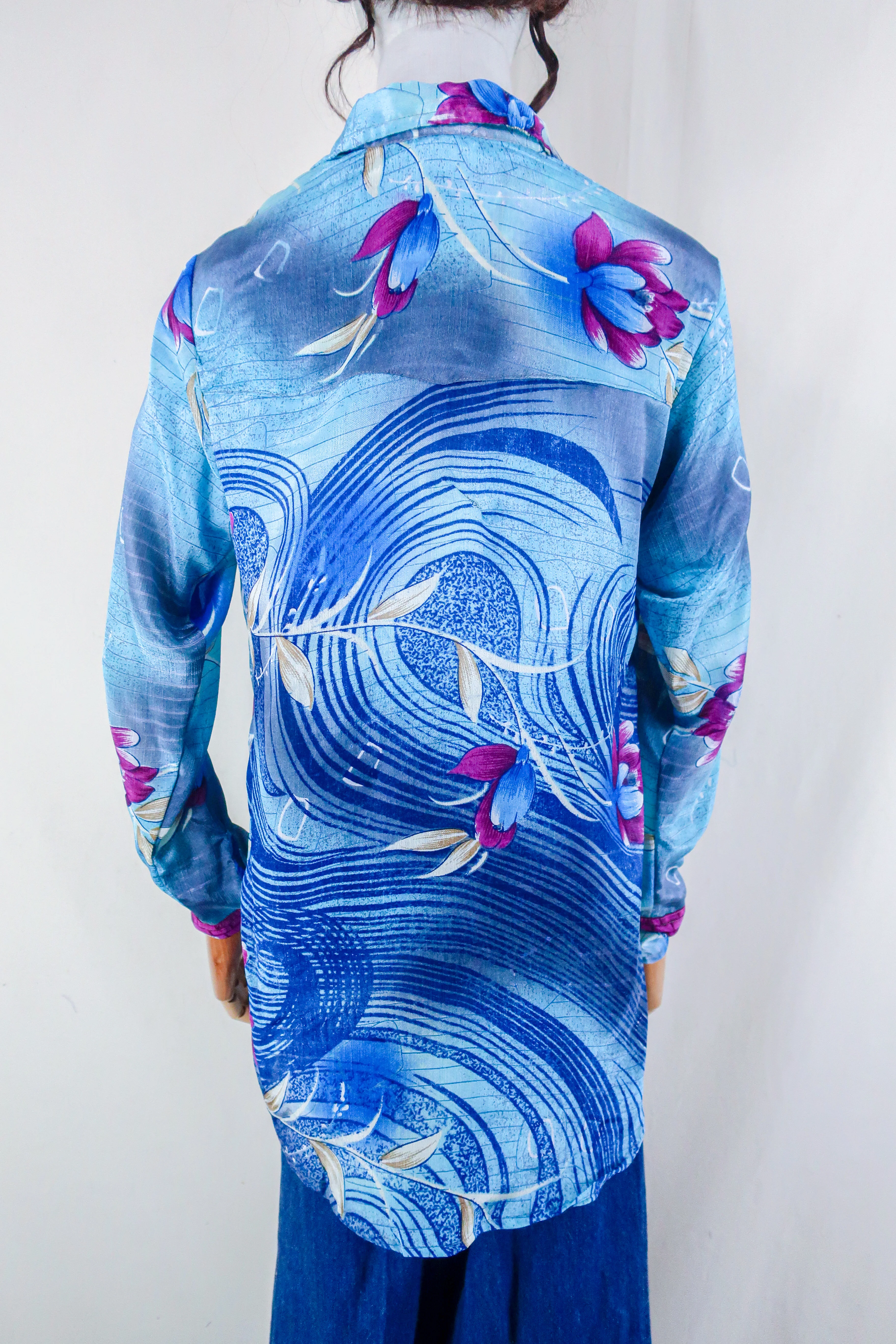 Clyde Shirt - Ocean Blue Swirls - Vintage Indian Sari - Free Size M/L - Image 4