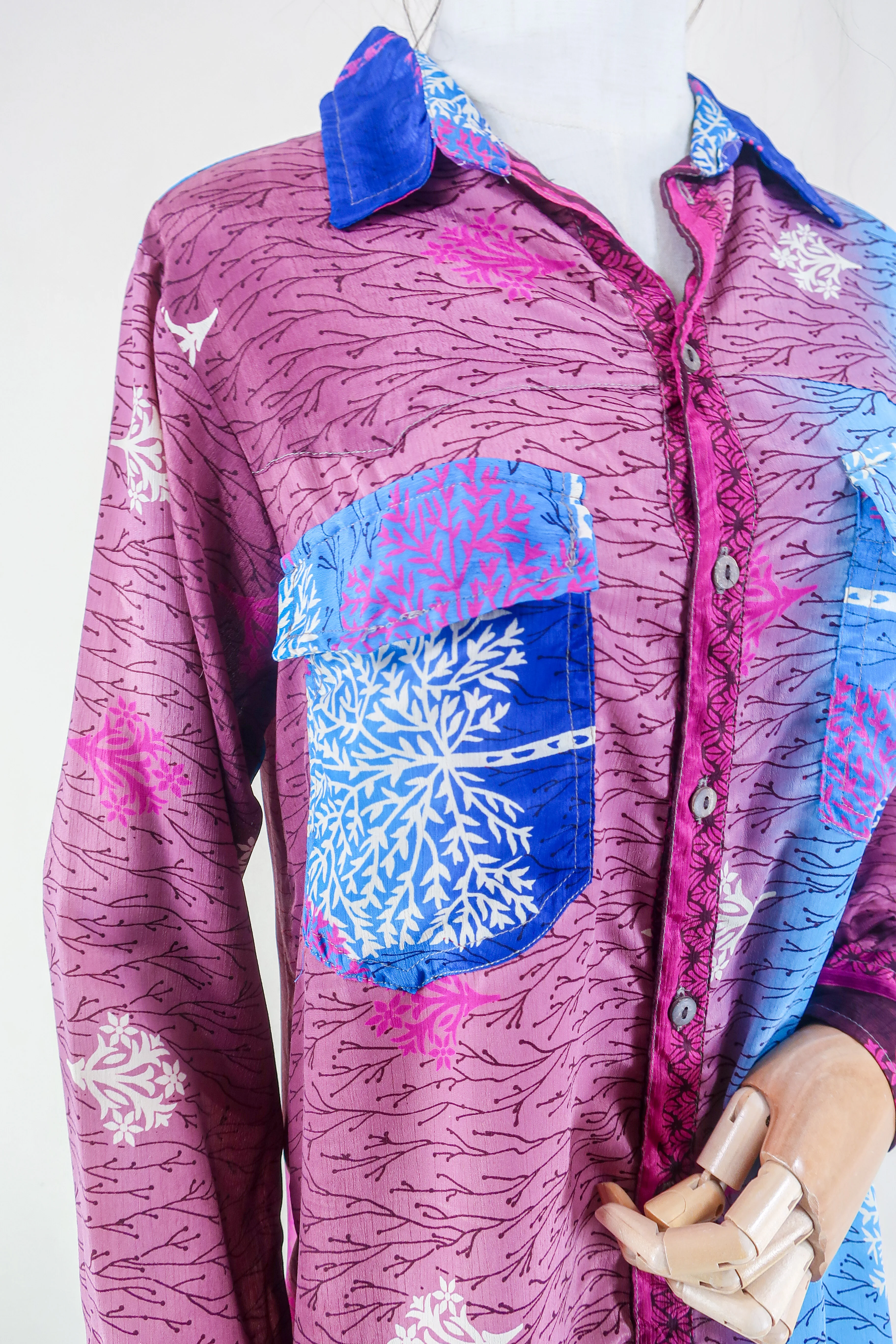 Clyde Shirt - Berry & Frosty Trees - Vintage Indian Sari - Free Size M/L - Image 2