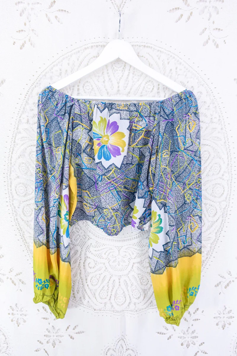 Ariel Top - Vintage Indian Sari - Painted Pebble pathway in slate and yellow   - Free Size  M/L - Image 3