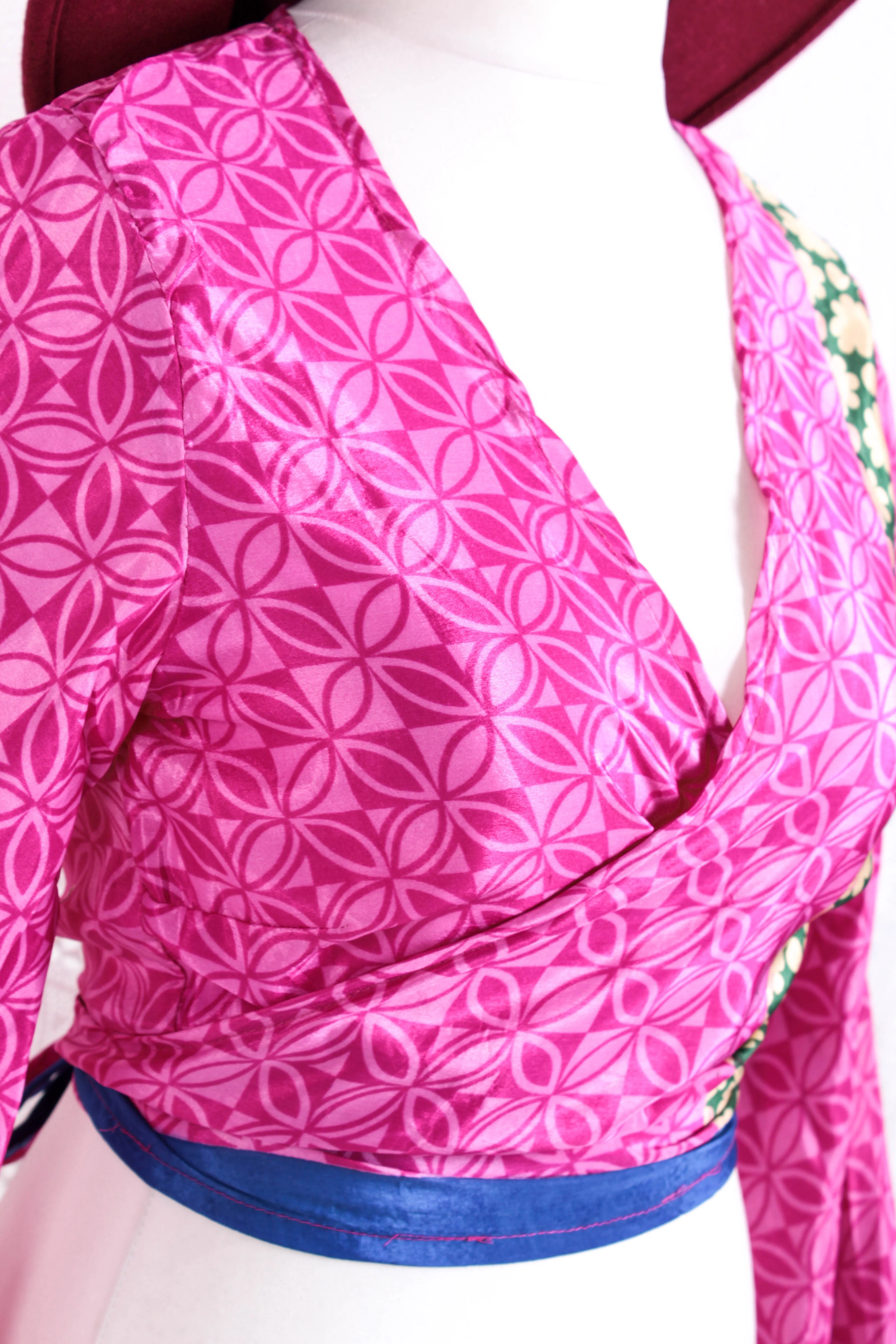 Gemini Wrap Top - Vintage Indian Sari - Magenta Geometric Circles - S/M - Image 3