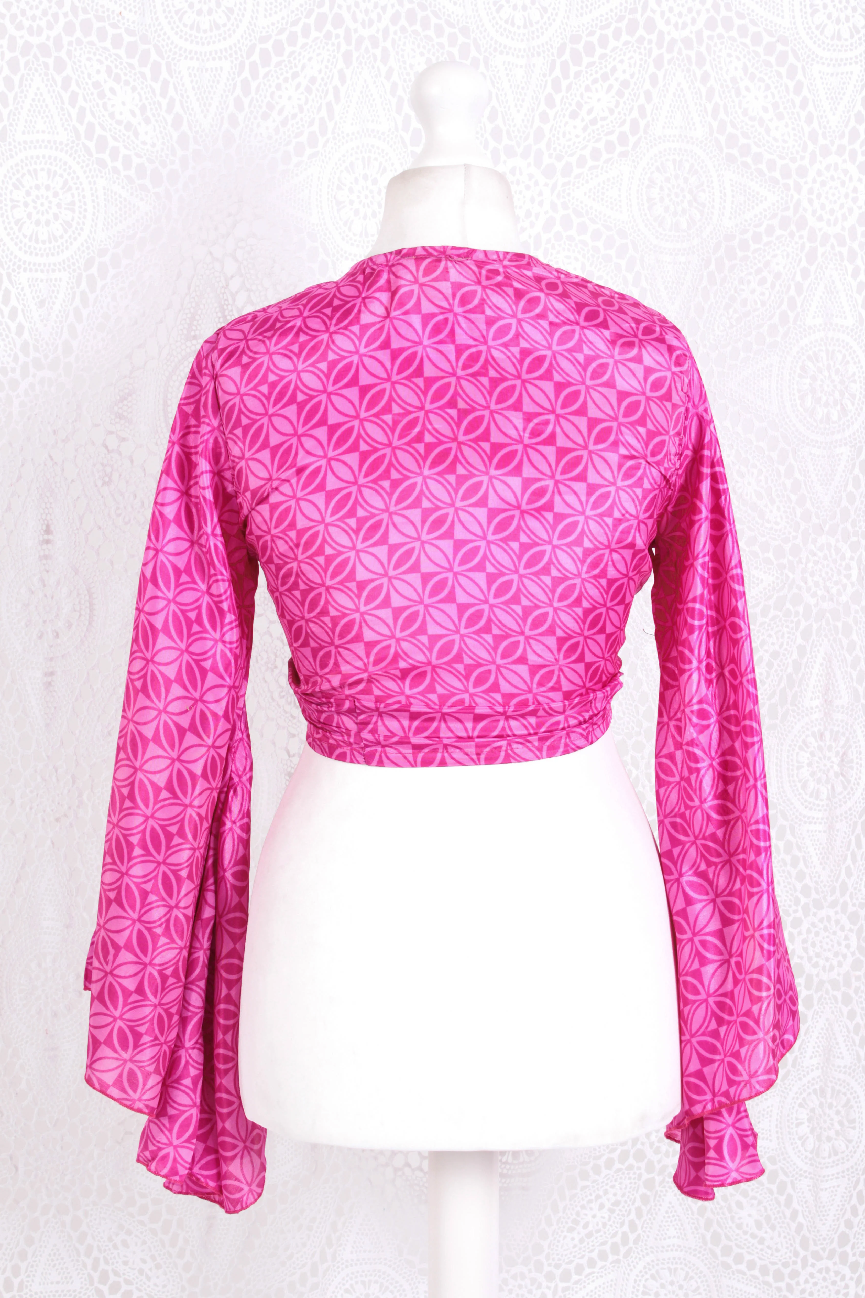 Gemini Wrap Top - Vintage Indian Sari - Magenta Geometric Circles - S/M - Image 4