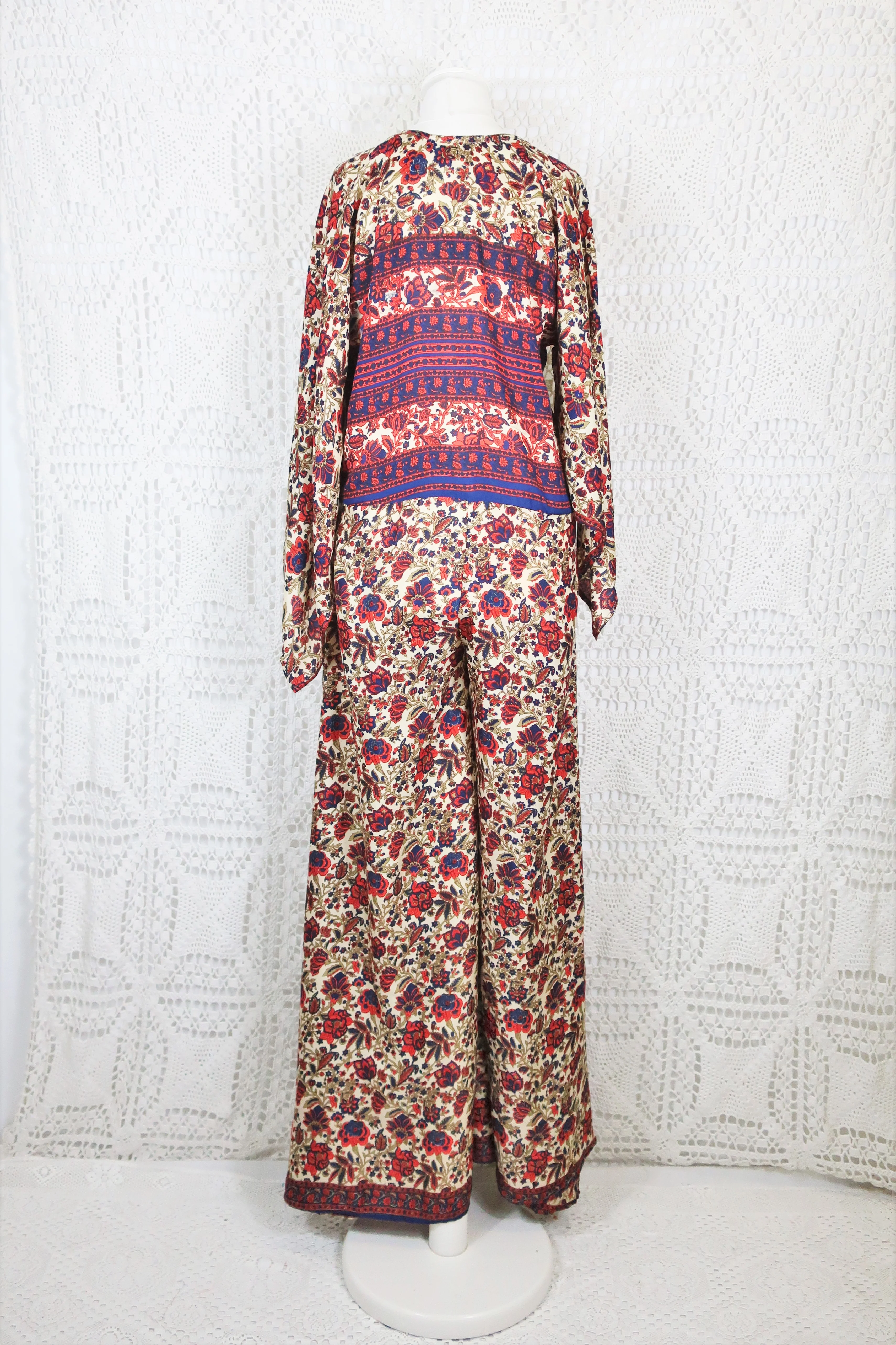 Goddess Jumpsuit - Vintage Indian Sari - Navy, Cherry & Cream Exotic Floral - XS - Image 4