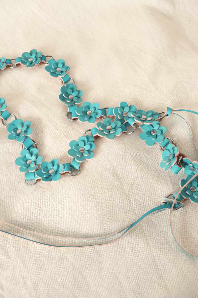 Daisy Chain Leather Belt in Aquamarine Blue - Free Size - Image 2