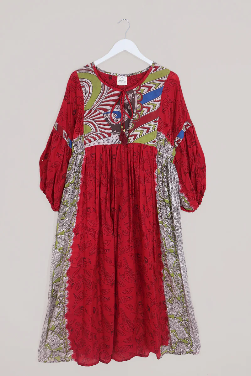Daisy Maxi Smock Dress - Apple Red Bird Sanctuary - Vintage Cotton - Size M/L
