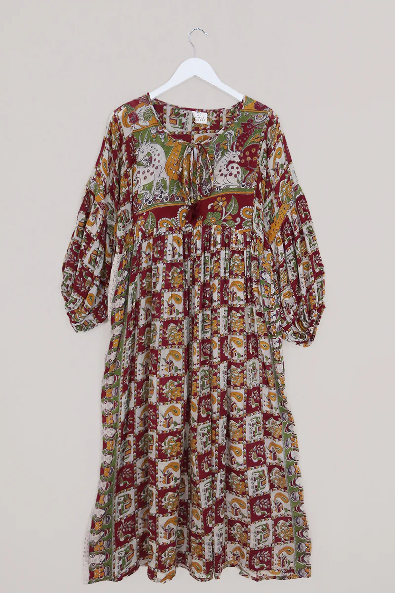Daisy Maxi Smock Dress - Carmine Red Regal Tiles - Vintage Cotton - Size M/L