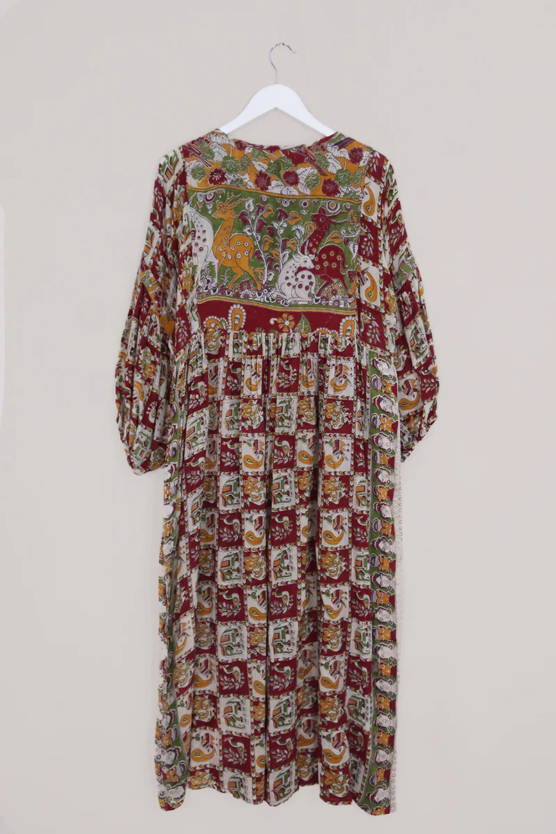 Daisy Maxi Smock Dress - Carmine Red Regal Tiles - Vintage Cotton - Size M/L - Image 3
