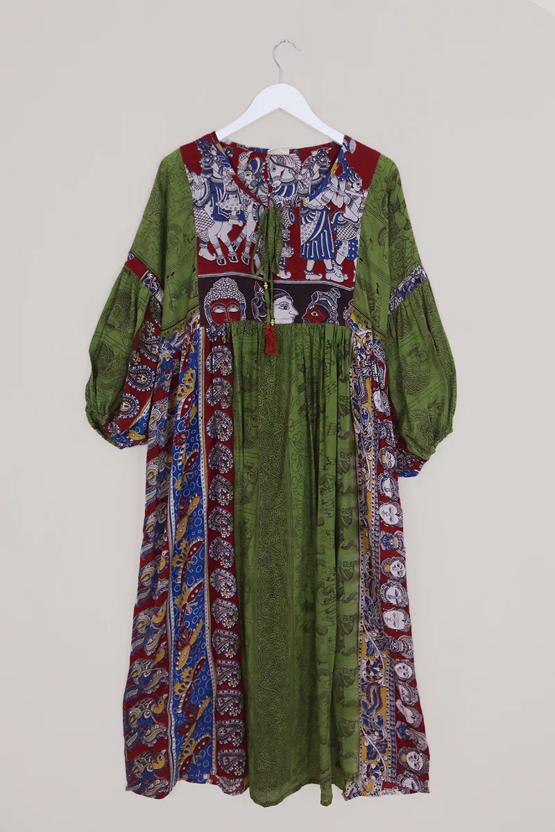 Daisy Maxi Smock Dress - Garden Green Block Print - Vintage Cotton - Size M/L