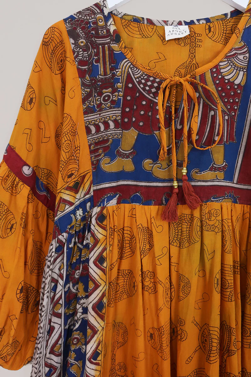 Daisy Maxi Smock Dress - Honey Bee Yellow Musical Block Print - Vintage Cotton - Size M/L - Image 2