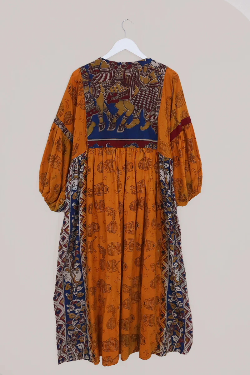 Daisy Maxi Smock Dress - Honey Bee Yellow Musical Block Print - Vintage Cotton - Size M/L - Image 3