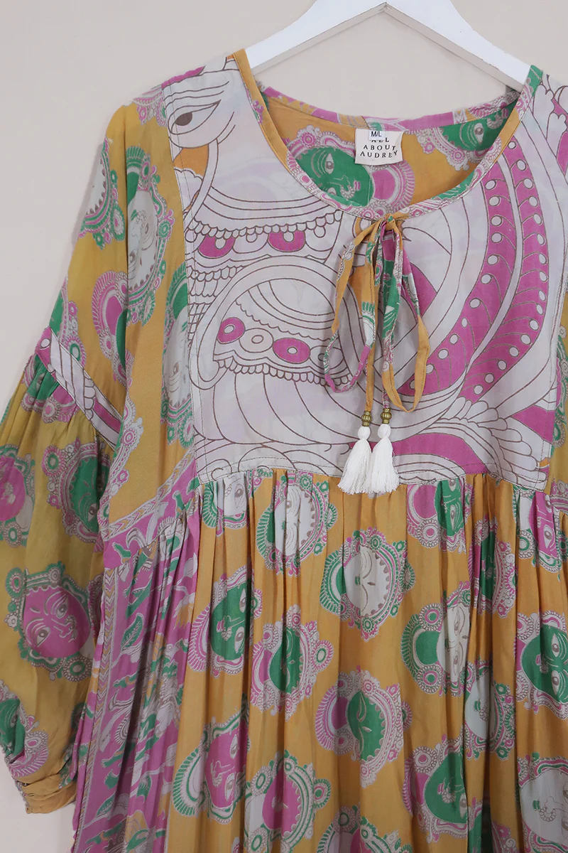 Daisy Maxi Smock Dress - Solar Yellow & Faded Pink - Vintage Cotton - Size M/L - Image 2