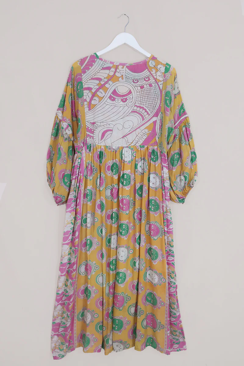 Daisy Maxi Smock Dress - Solar Yellow & Faded Pink - Vintage Cotton - Size M/L - Image 3