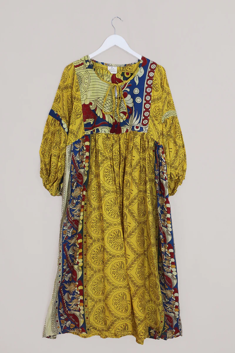 Daisy Maxi Smock Dress - Zesty Yellow Peacock Block Print - Vintage Cotton - Size M/L